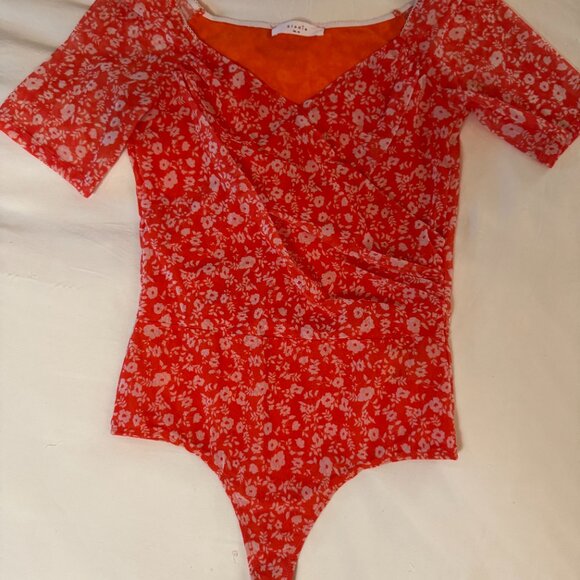 Elodie Orange Floral Mesh Wrap Bodysuit (M) – Stretchy Form-Fitting - Picture 2 of 16